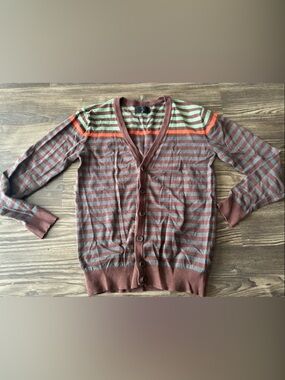 21 Men's Striped V-Neck Cardigan - Green, Brown & Gray